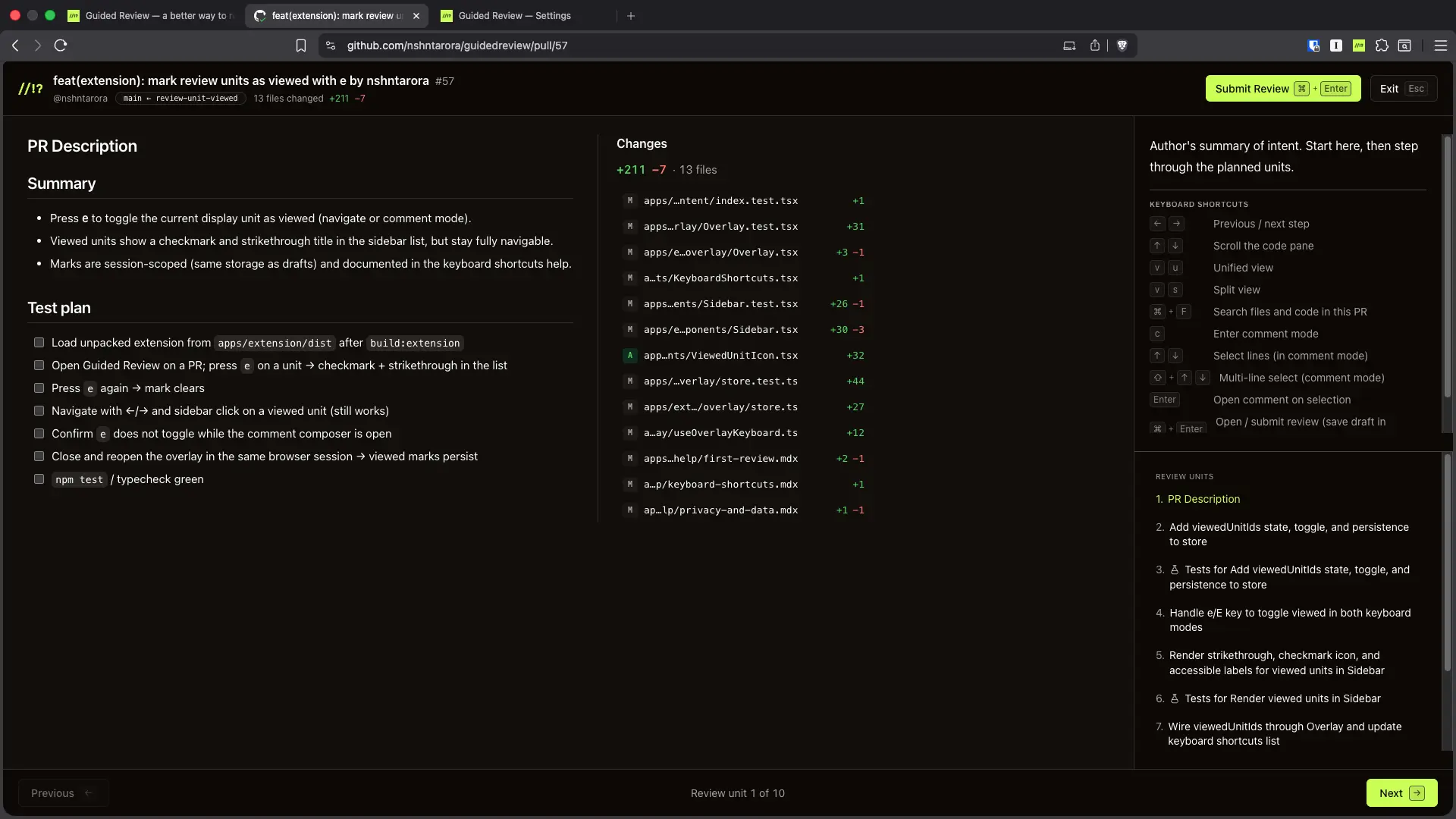 Guided Review CLI review UI showing clustered review units in the browser